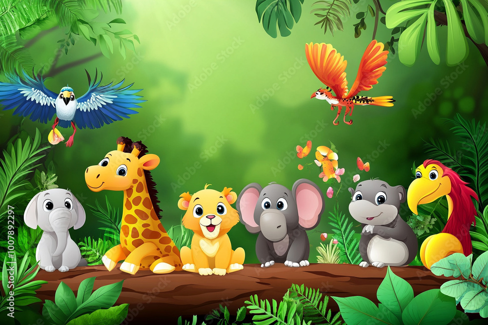 Naklejka premium Cute animals in jungle scene