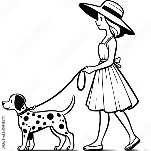 Woman owner dressed in a summer dress and hat leads a Dalmatian on a leash in monochrome. Simple minimalistic vector in black ink drawing on transparent background