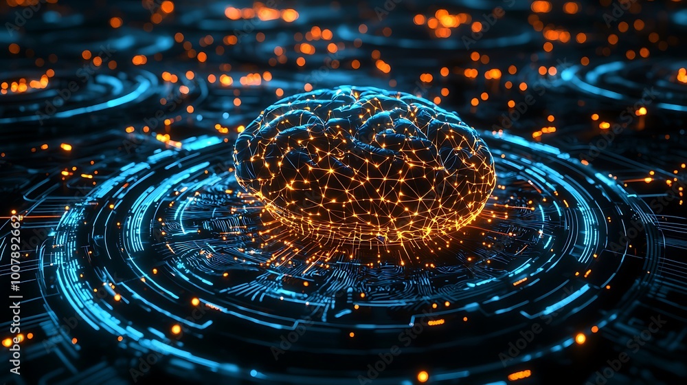Abstract Brain Network Technology Concept with Glowing Lines and Orange Lights Abstract Brain Network Technology Concept with Glowing Lines and Orange Lights