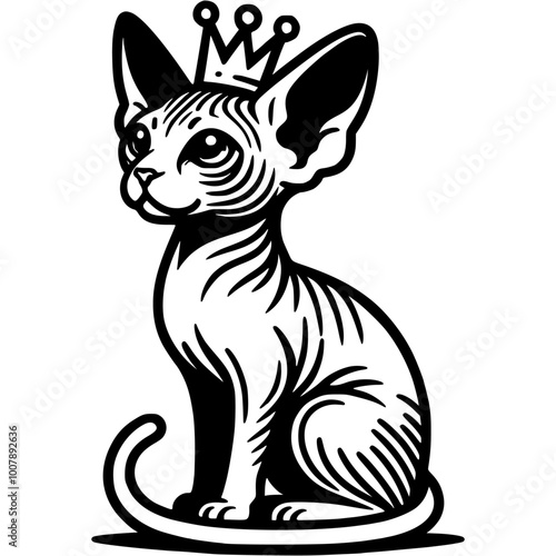 Sphinx kitten sits with crown on head in monochrome. Simple minimalistic vector in black ink drawing on transparent background