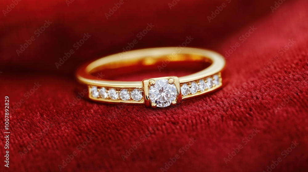 Exquisite Gold Ring Glittering with Diamonds on Luxurious Velvet Cushion Exquisite Gold Ring Glittering with Diamonds on Luxurious Velvet Cushion