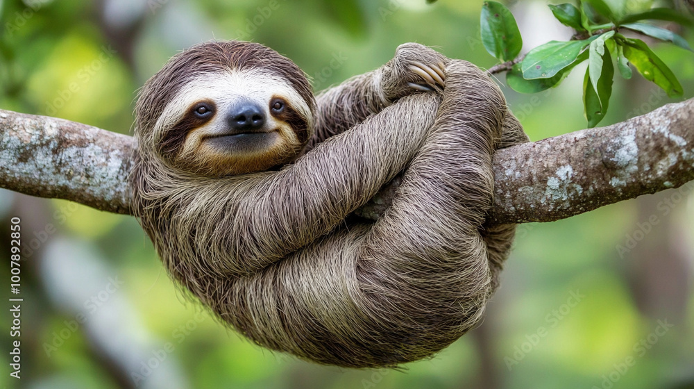 Fototapeta premium Sloth, funny animal hanging on tree