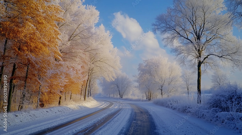 Morning road perspective trip travel destination in winter forest Morning road perspective trip travel destination in winter forest
