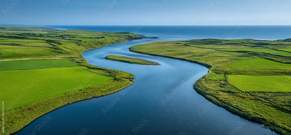 Aerial view of a winding river through a green landscape, flowing towards the sea. Aerial view of a winding river through a green landscape, flowing towards the sea.