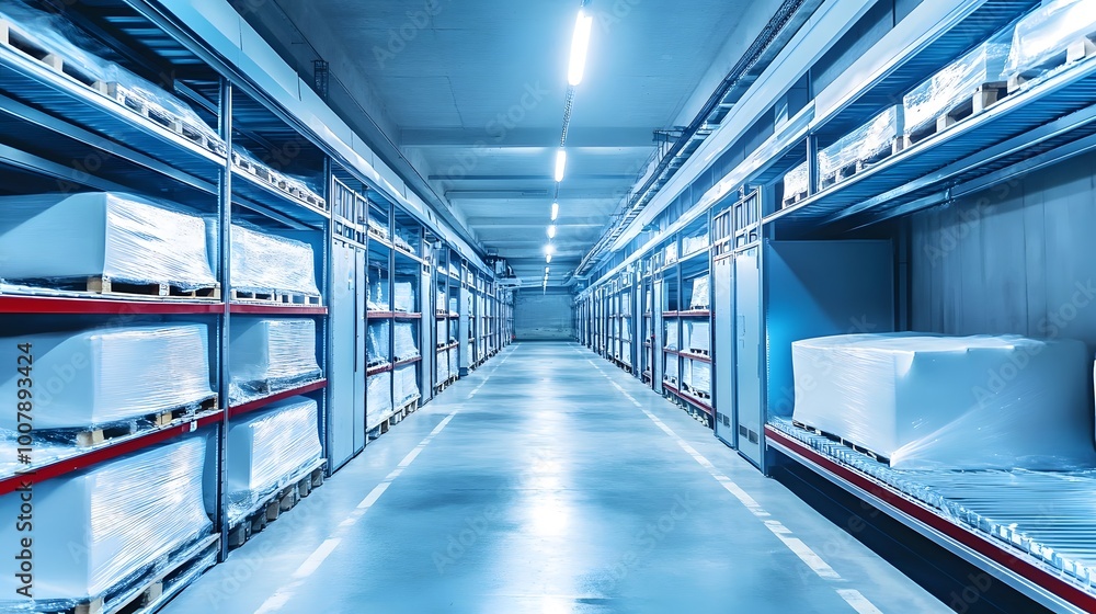 Fototapeta premium Secure Food Storage: Subterranean Pantry with Metal Shelves and White Bags