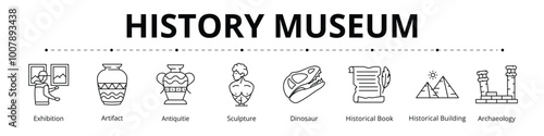 History Museum Line Banner Web Icon Set Vector Illustration, Exhibition Artifact Antiquities Sculpture Dinosaur Historical Book Building Archaeology