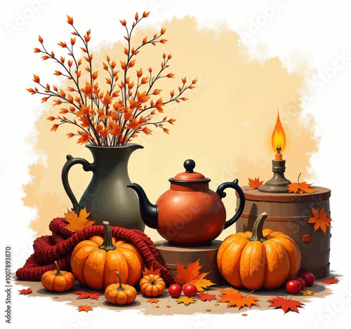 Autumn Still Life with Pumpkins and Teapot 
