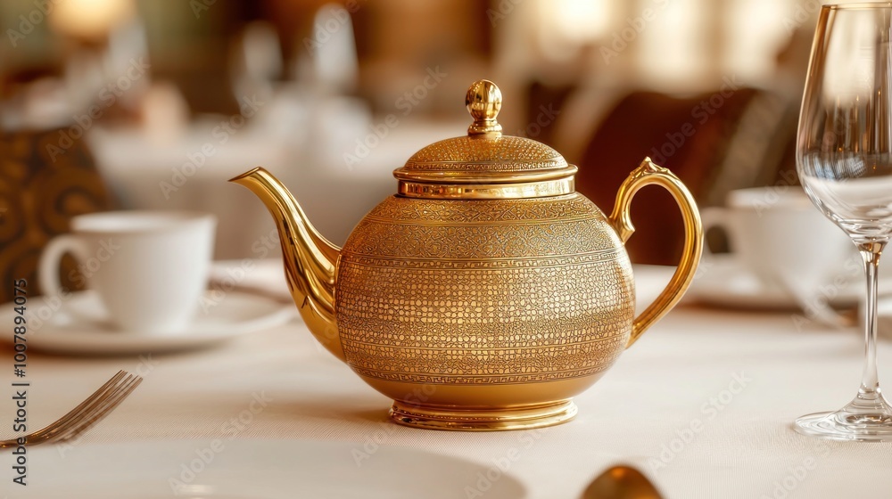 Elegant Gold Teapot Adorning a Lavish Dining Table with Opulent Details Elegant Gold Teapot Adorning a Lavish Dining Table with Opulent Details