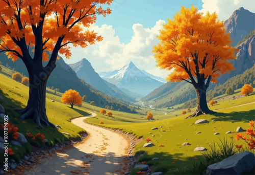 Autumn Mountain Landscape with Winding Road