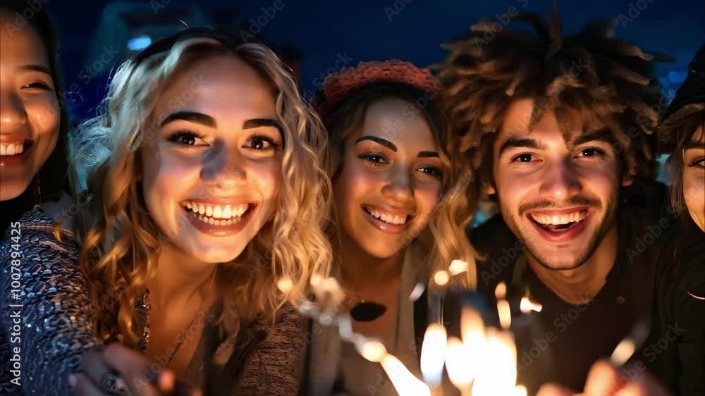 A group of four young people smiling and enjoying each other's company around a sparkler during a fun gathering. A group of four young people smiling and enjoying each other's company around a sparkler during a fun gathering.
