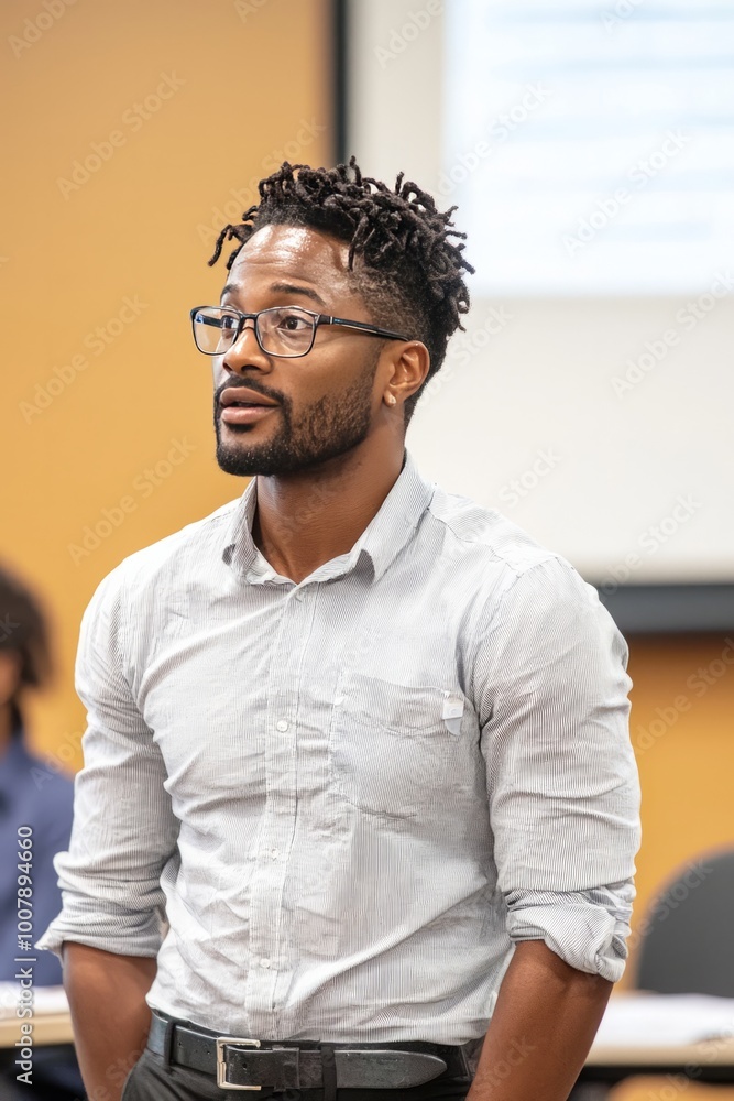 Young entrepreneur teaching financial basics in a workshop, participants learning about budgeting and investments