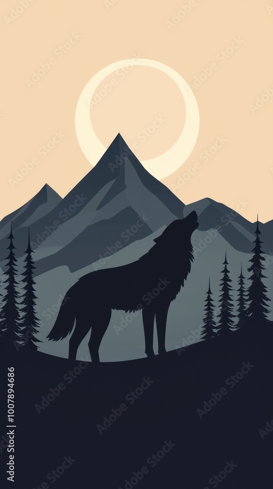 Majestic Wolf Outline Howling at Crescent Moon in Monochromatic Landscape Majestic Wolf Outline Howling at Crescent Moon in Monochromatic Landscape