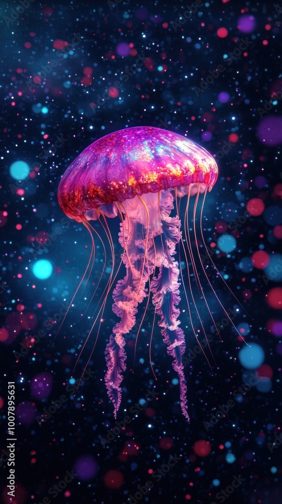 Fototapeta premium Enigmatic Jellyfish of the Cosmic Sea - Surreal Aquatic Creature with Vibrant Patterns in Abstract Universe
