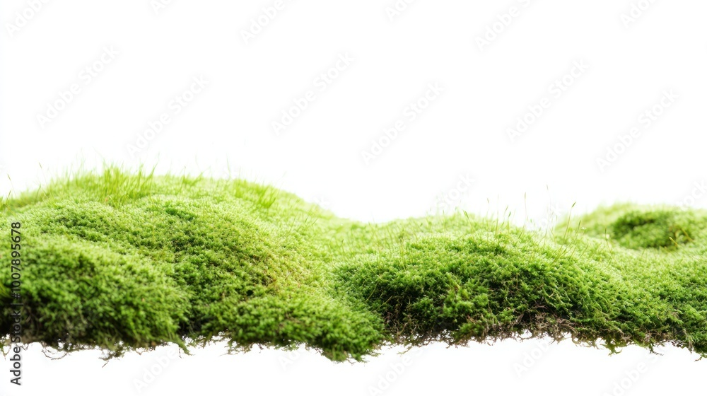 A close-up view of lush green moss on a white background. A close-up view of lush green moss on a white background.