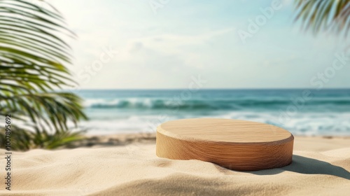 Wallpaper Mural A wooden platform on a sandy beach with a scenic ocean view and palm leaves. Torontodigital.ca