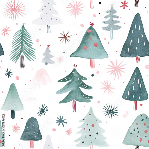 Festive Watercolor Christmas Trees with Snowflakes and Stars for Holiday Decor photo