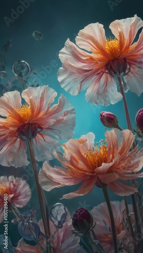 Vibrant flowers against blue-green background