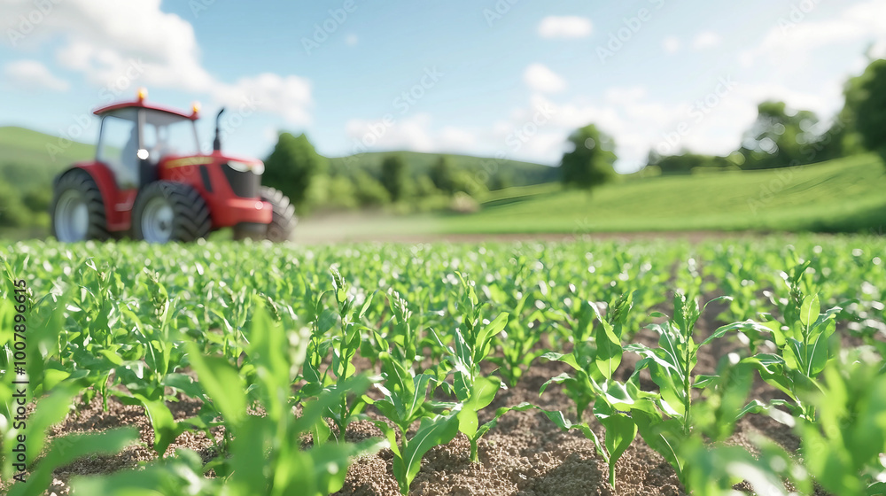 Modern Tractor Working in a Green Cornfield Under a Bright Blue Sky for Agricultural Productivity Modern Tractor Working in a Green Cornfield Under a Bright Blue Sky for Agricultural Productivity