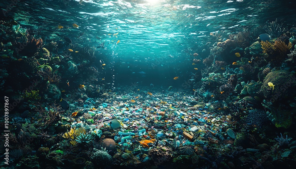 Plastic waste floating in a deep ocean with marine life swimming around, symbolizing human impact on ecosystems Plastic waste floating in a deep ocean with marine life swimming around, symbolizing human impact on ecosystems