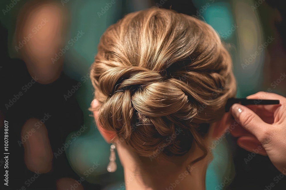 Obraz premium A woman's hair is being styled in a bun.