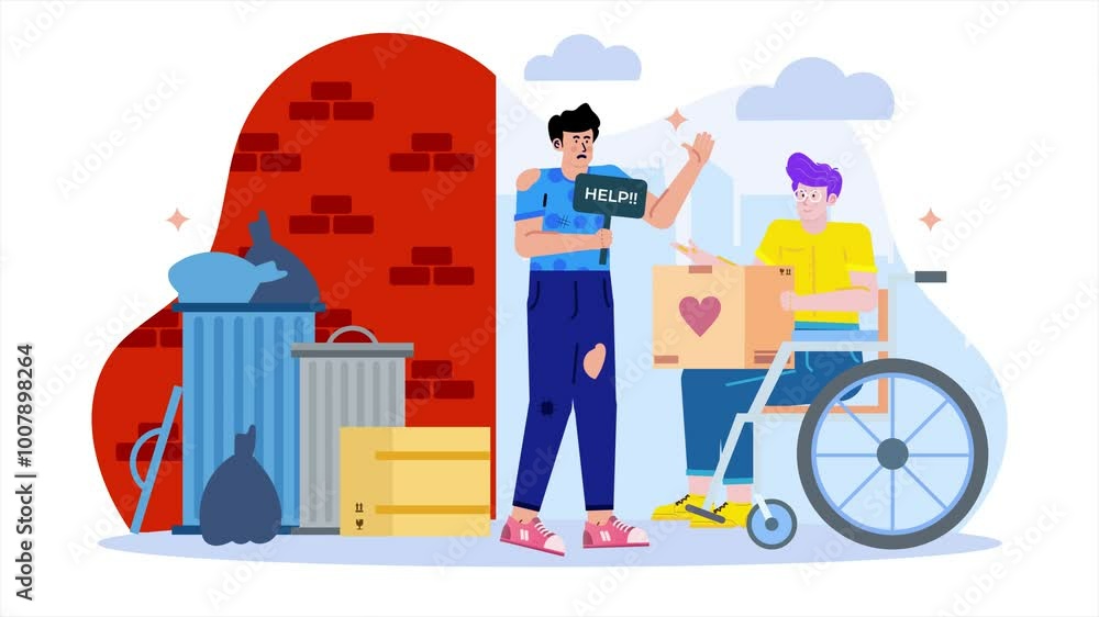 Illustration of a compassionate act with a person offering help to someone in need beside garbage bins kindness and support animated video Illustration of a compassionate act with a person offering help to someone in need beside garbage bins kindness and support animated video