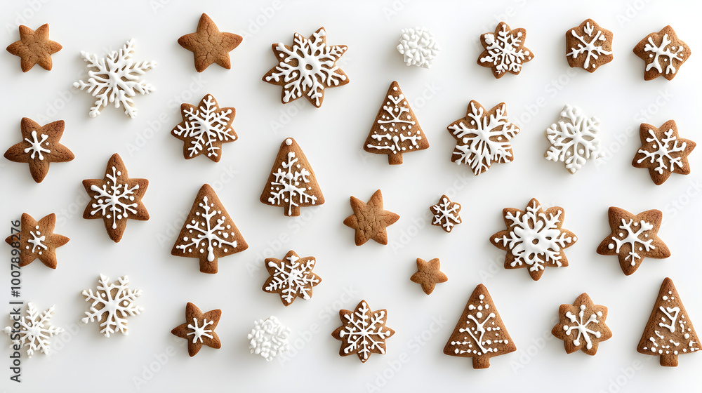 Fototapeta premium A flat lay of Christmas cookies shaped like stars, trees, and snowflakes arranged in a decorative pattern