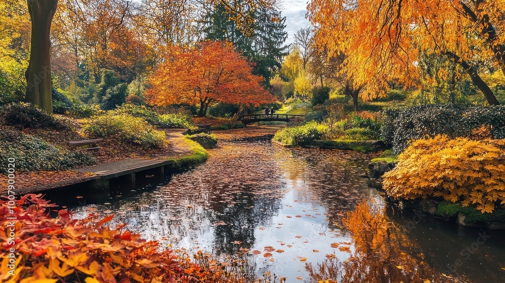 A wooden bridge and a wooden walkway cross a pond in an autumnal park. The pond is covered in fallen leaves and the trees are ablaze with vibrant orange and yellow foliage. A wooden bridge and a wooden walkway cross a pond in an autumnal park. The pond is covered in fallen leaves and the trees are ablaze with vibrant orange and yellow foliage.