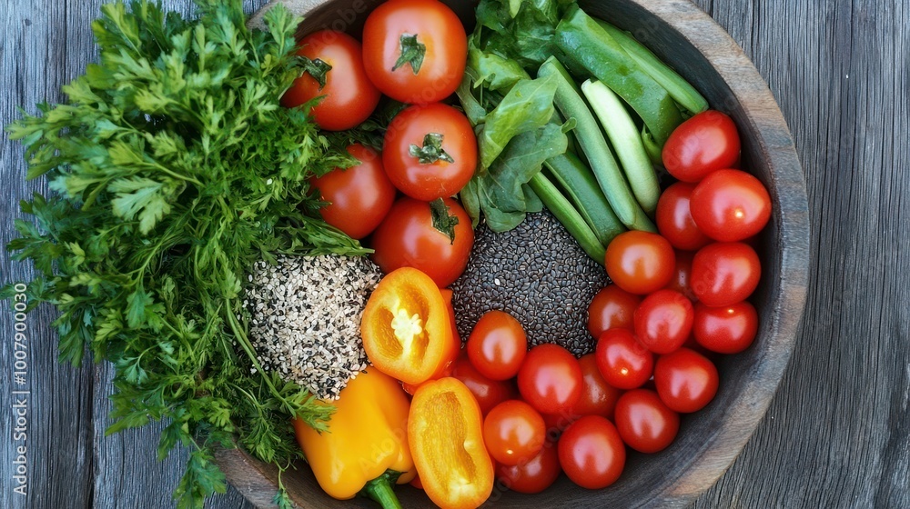 A wooden bowl filled with fresh vegetables like tomatoes, peppers, green onions, parsley, and chia seeds. A wooden bowl filled with fresh vegetables like tomatoes, peppers, green onions, parsley, and chia seeds.