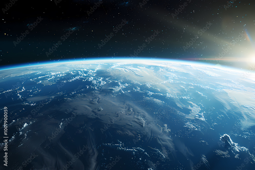 Fototapeta premium A stunning view of Earth from space, showcasing vibrant blue oceans and white clouds under a radiant sunbeam.