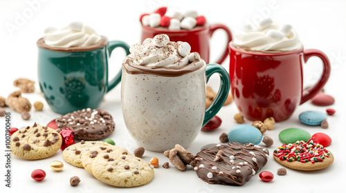 Festive mugs filled with hot chocolate, topped with whipped cream and marshmallows, surrounded by candy and cookies