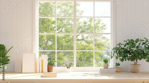 A wooden table with a picture frame, books, and potted plants, set against a white paneled wall, and a window with a view of green trees.