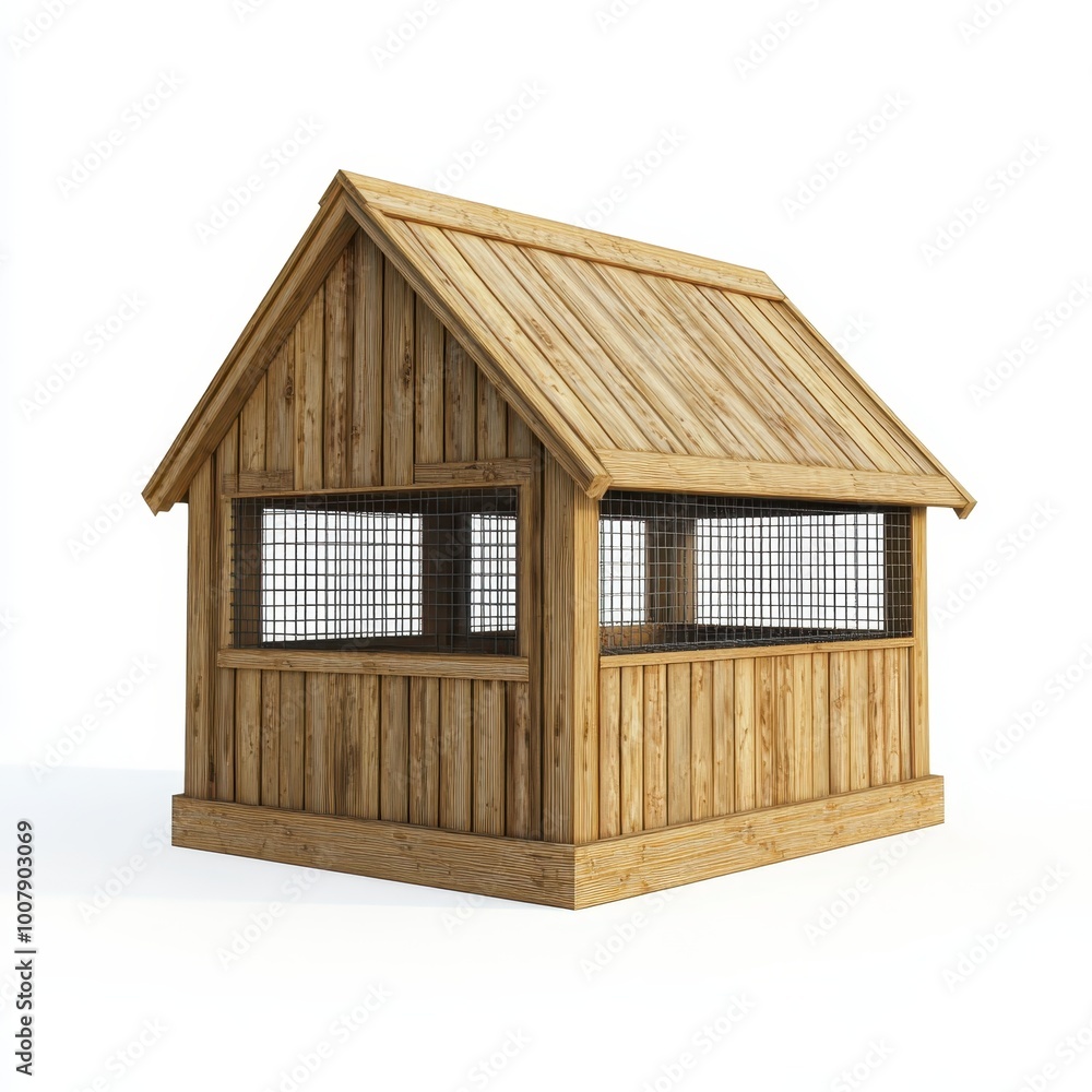 A wooden structure resembling a small shelter or animal enclosure with mesh windows. A wooden structure resembling a small shelter or animal enclosure with mesh windows.