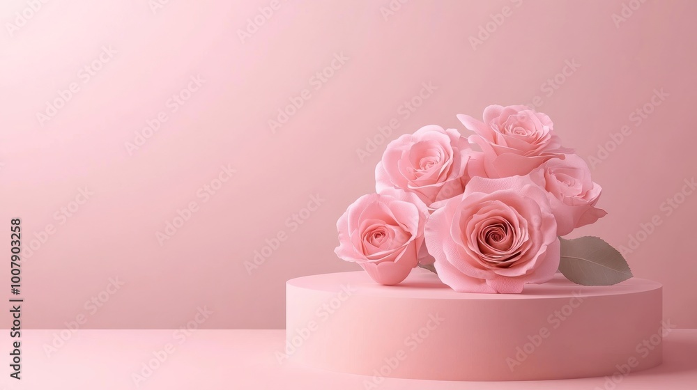 A bouquet of pink roses on a pastel pink platform, creating a soft and elegant aesthetic. A bouquet of pink roses on a pastel pink platform, creating a soft and elegant aesthetic.