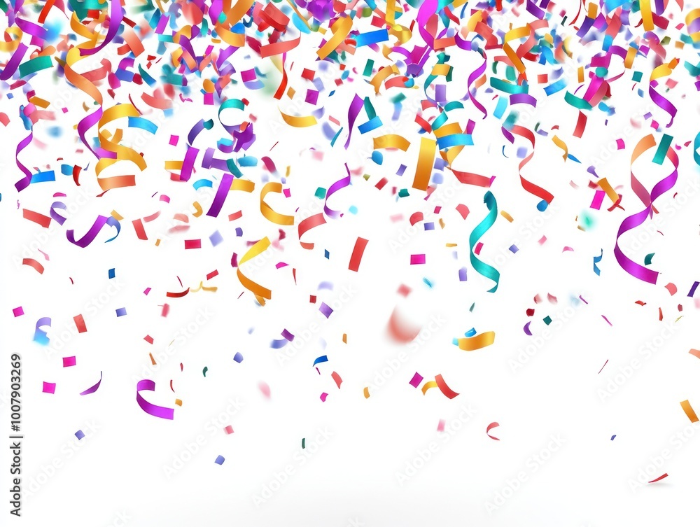 Colorful confetti falling against a white background, ideal for celebrations and festivities. Colorful confetti falling against a white background, ideal for celebrations and festivities.