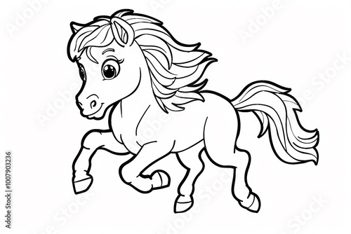 A playful cartoon pony with a flowing mane, illustrated in a black and white coloring style, perfect for kids' art activities.