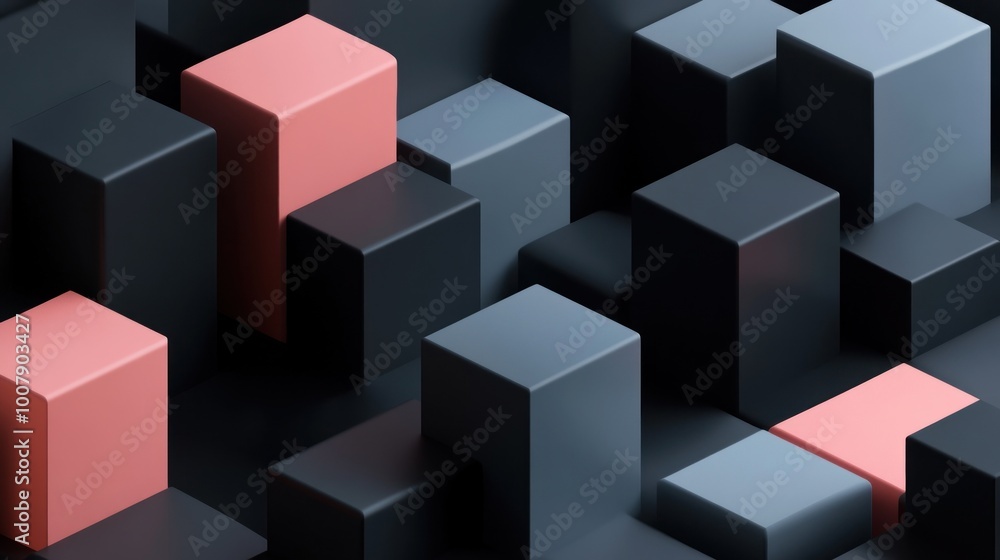 Abstract arrangement of geometric blocks in varying shades of gray and pink. Abstract arrangement of geometric blocks in varying shades of gray and pink.