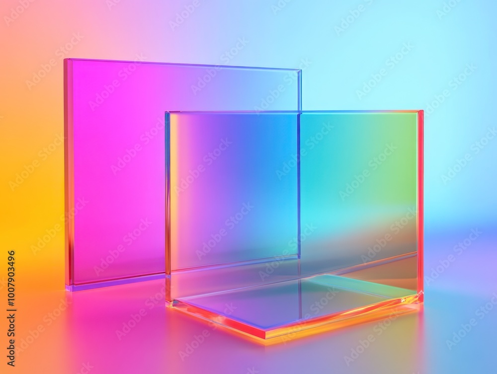 Two translucent geometric shapes with a colorful gradient background. Two translucent geometric shapes with a colorful gradient background.