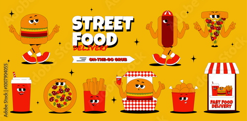 Pizza, burger, hot dog and more characters street food set in trendy retro groovy style. Funky psychedelic fast food mascot. Cool vector stickers for cafe, bar, restaurant