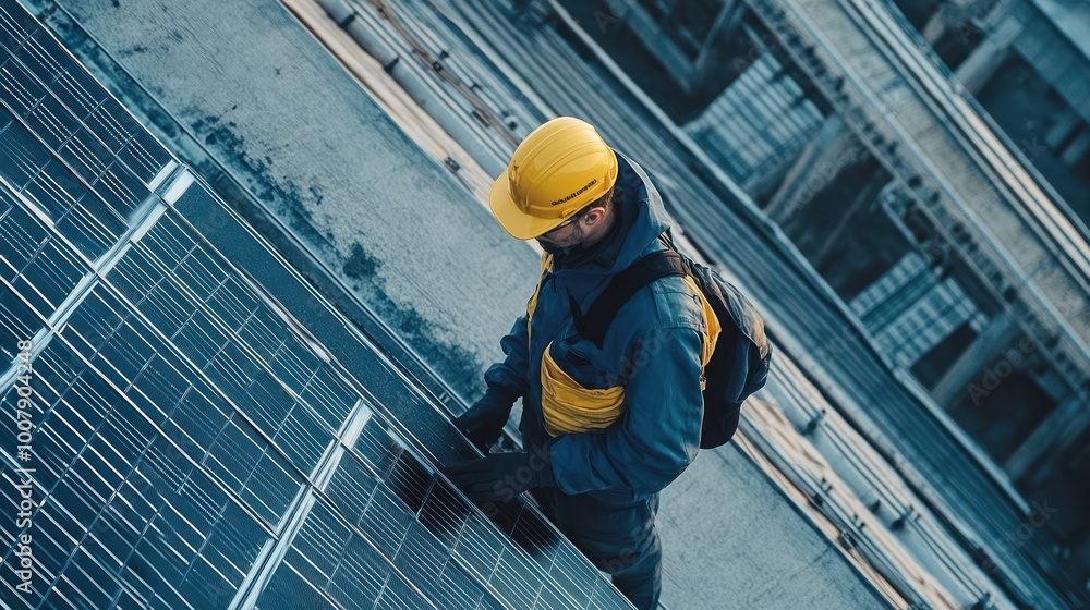 A worker in a yellow hardhat and blue jumpsuit inspects solar panels on a rooftop. A worker in a yellow hardhat and blue jumpsuit inspects solar panels on a rooftop.
