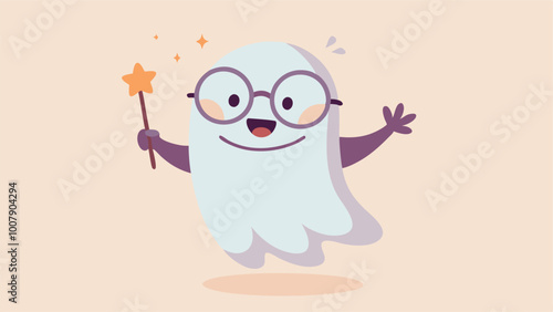 Playful ghost Wear glasses waving a magic wand on faded pantone peach fuzz background, vintage illustration, soft colors, with white background.eps