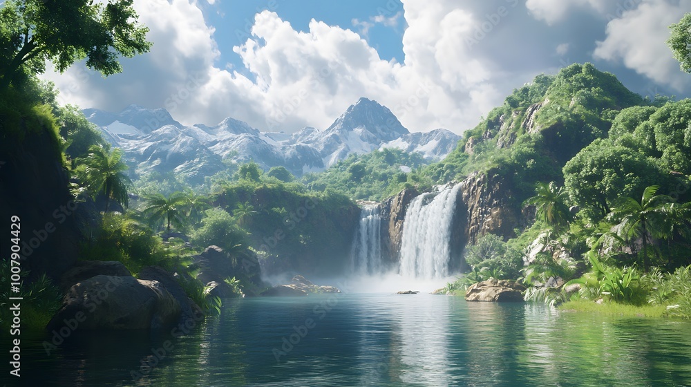 Fototapeta premium Serene Waterfall in Tropical Paradise