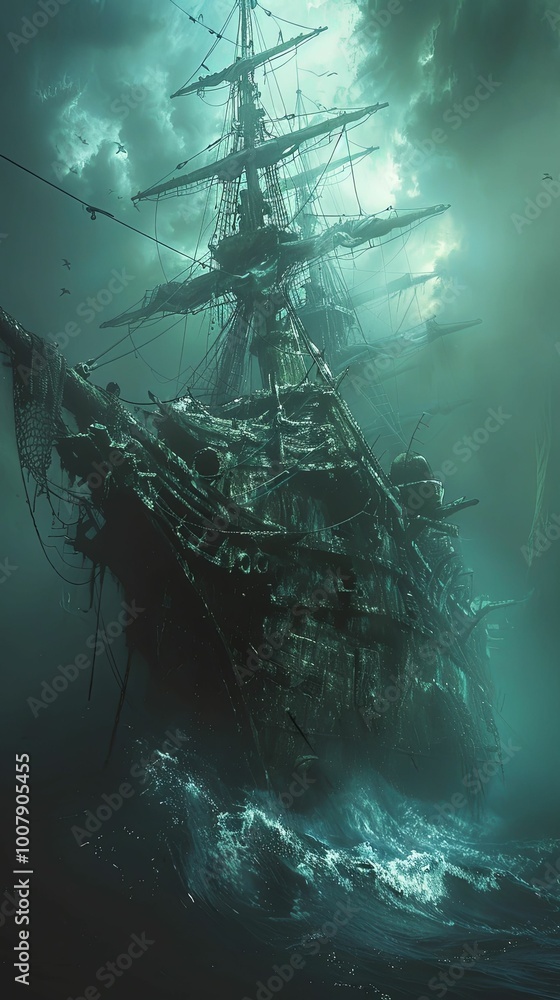 Fototapeta premium Ghostly ship sailing through foggy waters