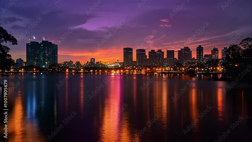 A vibrant sunset over a city skyline reflecting on a calm lake, with colorful clouds and silhouetted buildings. A vibrant sunset over a city skyline reflecting on a calm lake, with colorful clouds and silhouetted buildings.