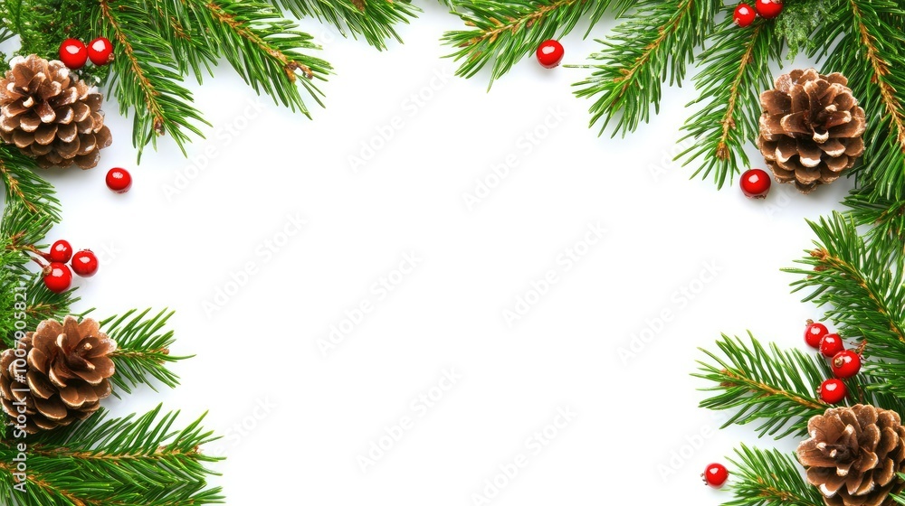 A decorative border featuring fresh tree branches, red berries, and pine cones, arranged beautifully on a white background to enhance holiday designs. A decorative border featuring fresh tree branches, red berries, and pine cones, arranged beautifully on a white background to enhance holiday designs.
