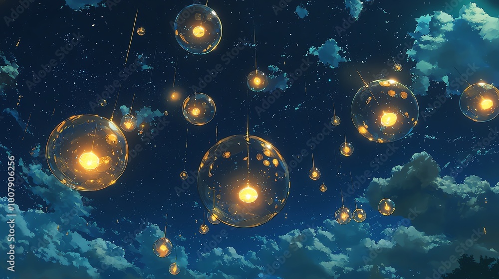 A dreamy image of bubbles floating through a starry night sky, each bubble glowing softly and illuminating the darkness around them like tiny lanterns in the air A dreamy image of bubbles floating through a starry night sky, each bubble glowing softly and illuminating the darkness around them like tiny lanterns in the air