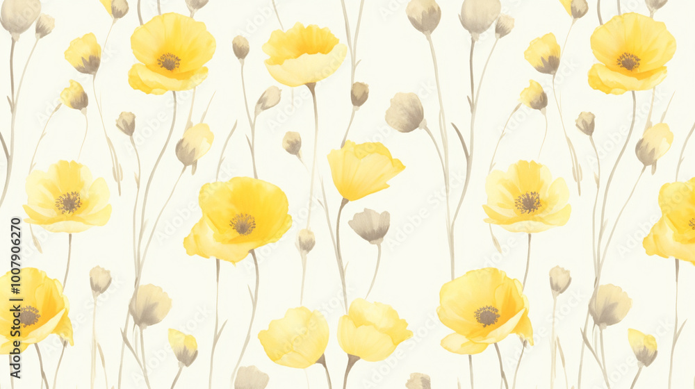 A seamless pattern with watercolor yellow poppies, their soft petals blending into the pastel background, in a minimalist style, with a neutral and light color palette. A seamless pattern with watercolor yellow poppies, their soft petals blending into the pastel background, in a minimalist style, with a neutral and light color palette.