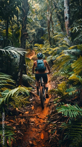 Mountain biker riding on jungle trail path