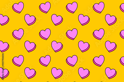 beauty love 3d shape colorful pattern on yellow background. doodle heart love object symbol seamless pattern background. funny love shape seamless pattern for decor and merchandise