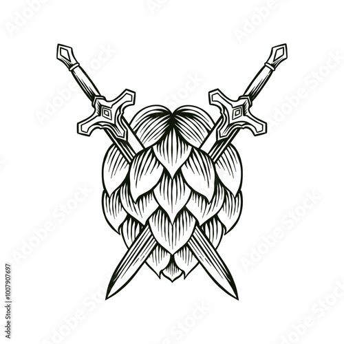 hand drawn hops and sword black and white illustration