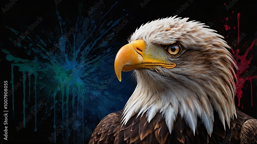 Fototapeta premium digital artwork featuring a bald eagle with a strikingly detailed and realistic appearance, showcasing its sharp, hooked yellow beak and piercing golden eyes